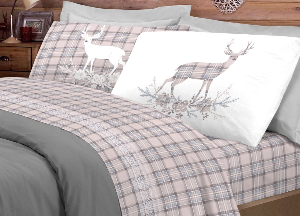 Completo Lenzuola Flanella Pensieri Delicati 100% Cotone Disegno Cervo Tartan - Matrimoniale - Beige