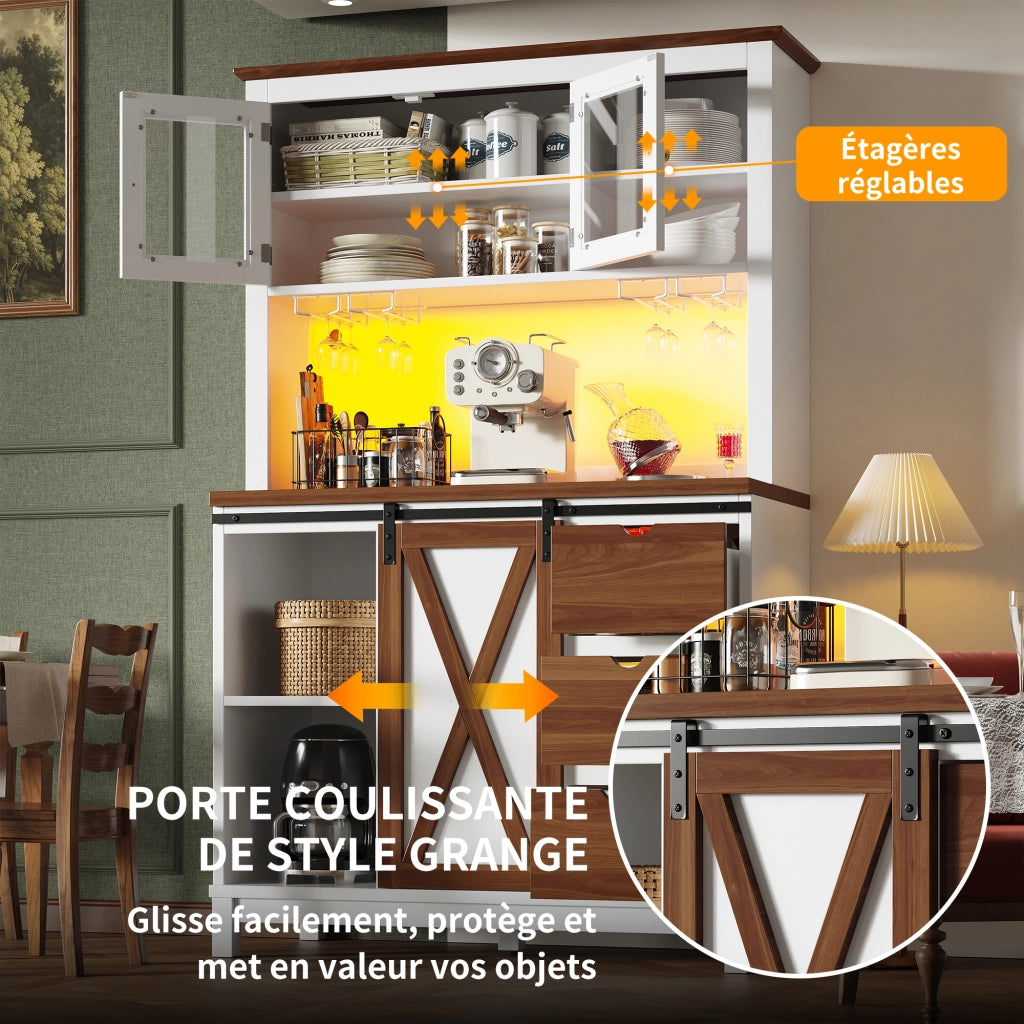 Credenza Alta da Cucina con 1 Porta Scorrevole in Vetro; 1 Cassetto; Ripiani Regolabili e LED; 104x40x180 cm; Bianco
