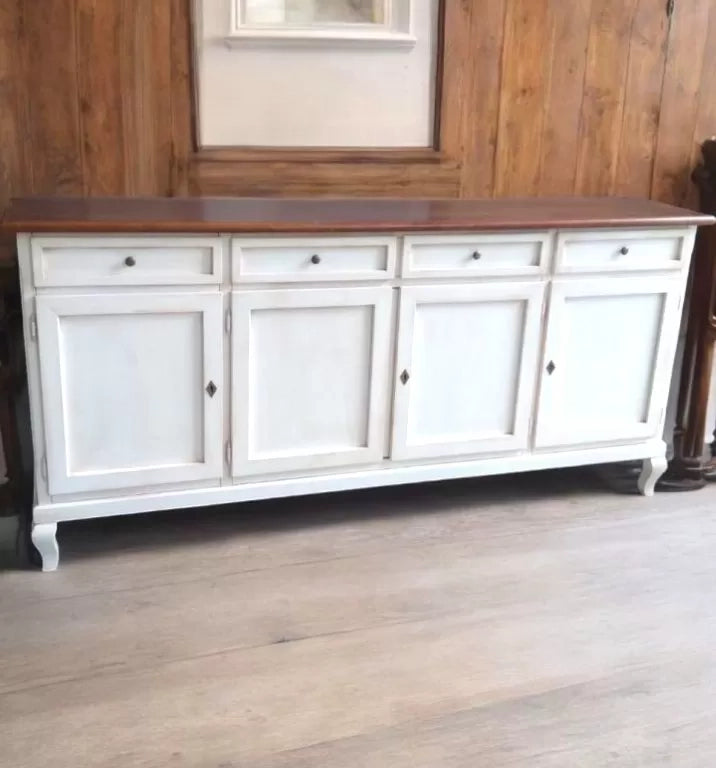 Madia credenza 4 porte legno shabby bianco e noce 205x45x98 - Mobili 2G