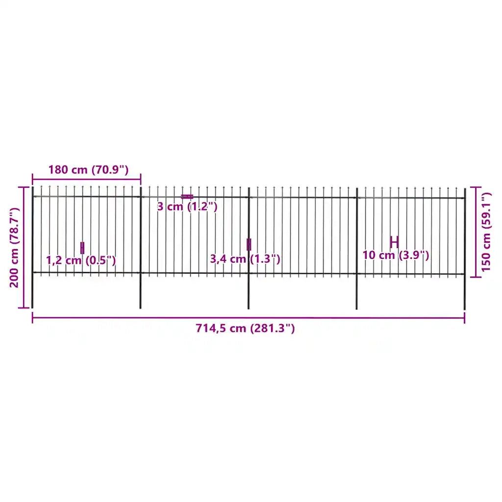 Recinzione da Giardino con Punta a Lancia in Acciaio 714,5x150 cm Nero 277632