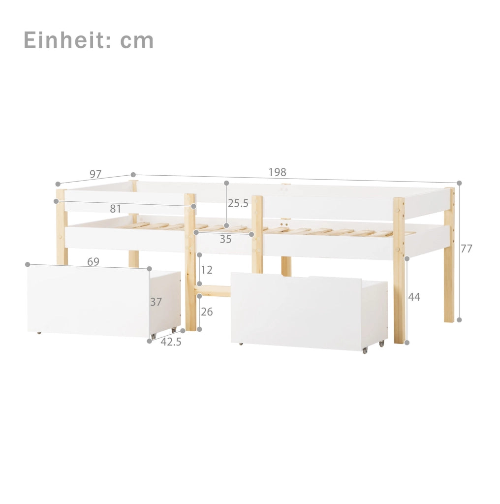 Letto per bambini 90x190 cm semi alto con cassetti e barriera; legno bianco (Senza materasso)
