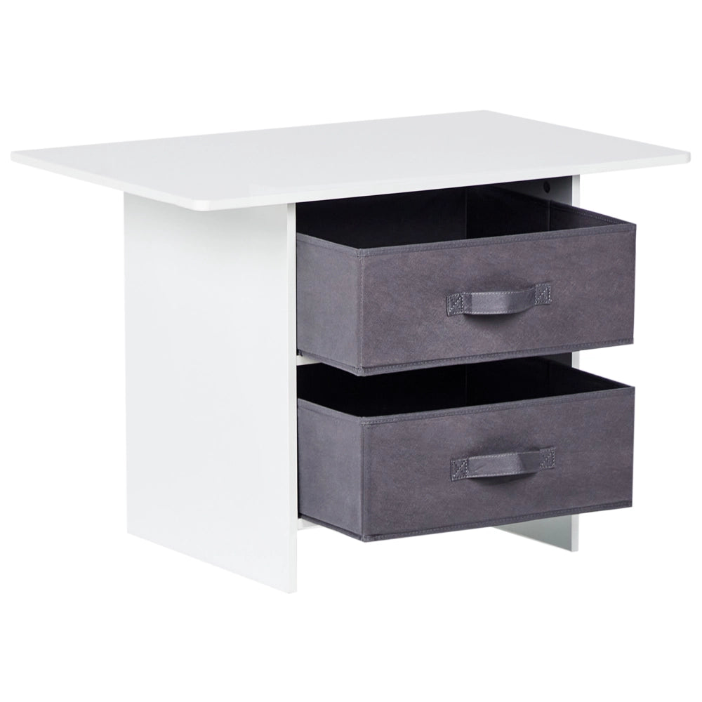 Set per bambini a 2 posti Tavolo con sedie MDF bianco e grigio Due scatole in tessuto non tessuto Cameretta per bambini alla moda