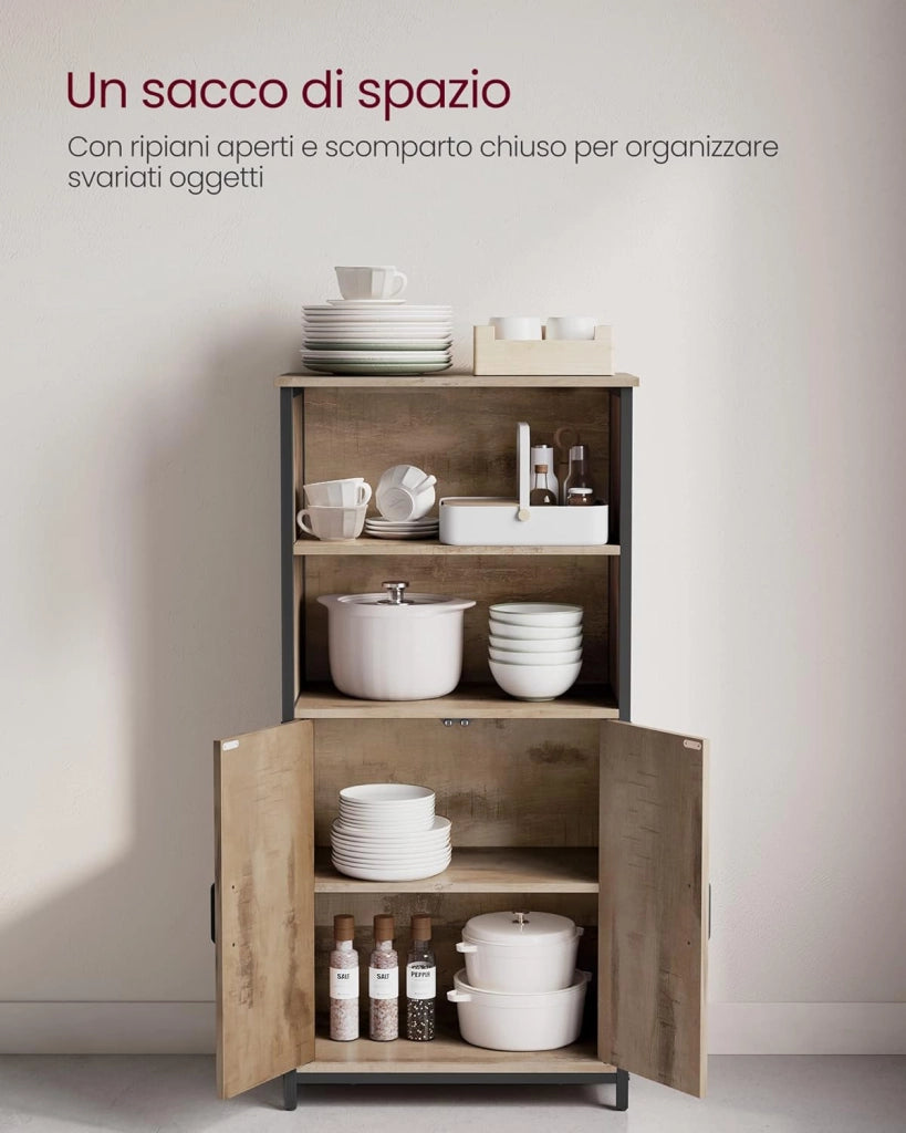 VASAGLE Mobiletto, Credenza, Libreria, 2 Ripiani Aperti e Scomparto con Ripiano Interno Regolabile, Telaio in Acciaio, per Salotto Cucina Studio, Marrone Rovere e Nero LSC066B50