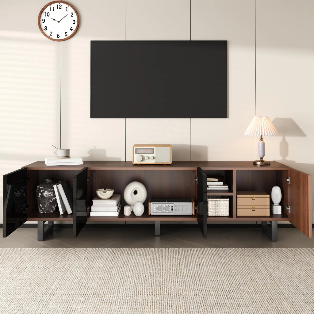 Mobile TV con 4 Ante senza Maniglie e Vani a Giorno; Frontali Nero Lucido; Stile Moderno; in MDF; 180??38??50 cm; Nero/Naturale
