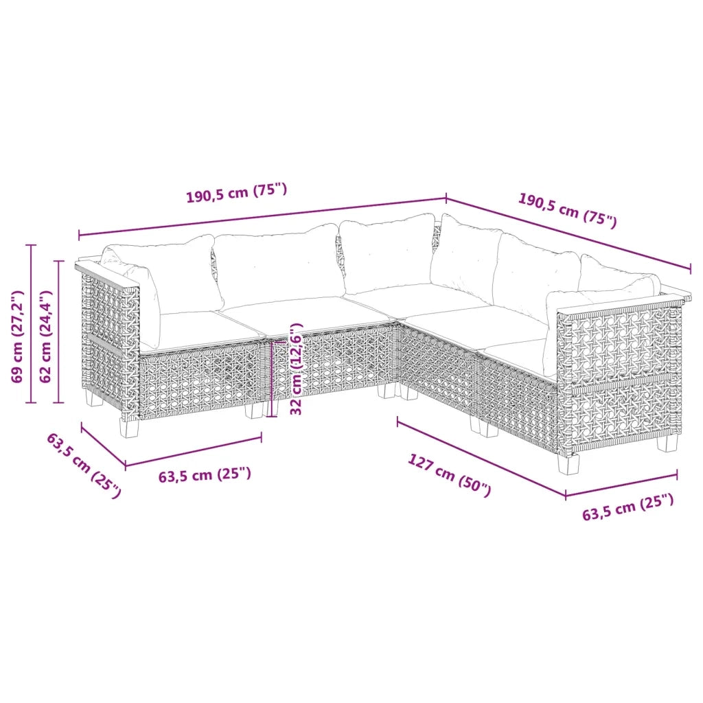 Set Divano da Giardino 5 pz con Cuscini Grigio in Polyrattan