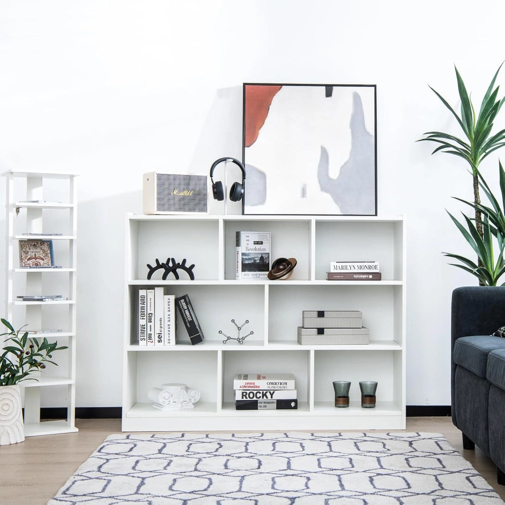Libreria Aperta, 7 armadietti di 2 diverse dimensioni, mobile portaoggetti in legno con gambe antiscivolo, per libri e giocattoli, (bianco, 122 x 32 x 93 cm) (LK09392FQES-KF)