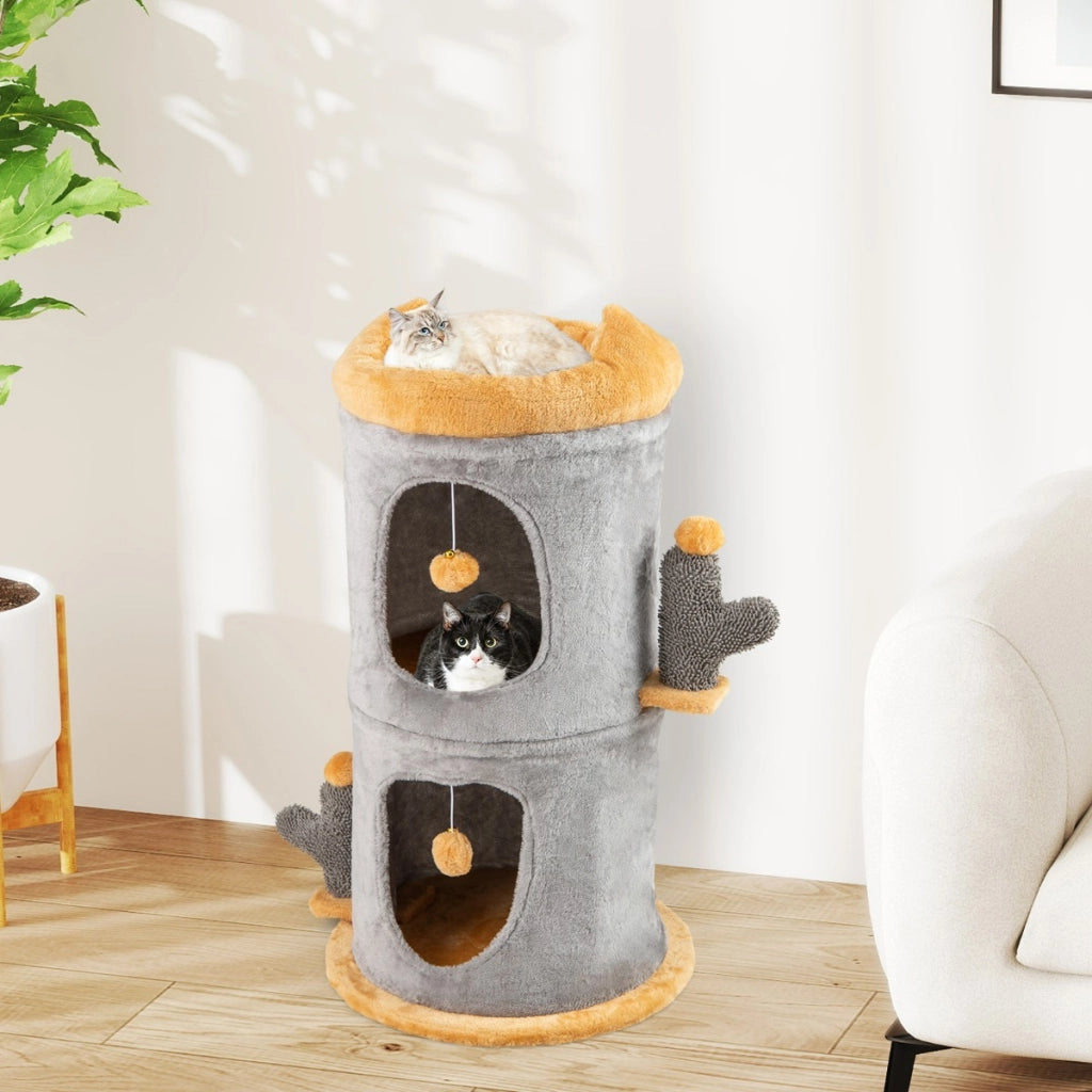 Grazioso albero per gatti con 2 comode casette e piattaforma imbottita in peluche, Casa per gatti a 2 piani-Alberi Tiragraffi