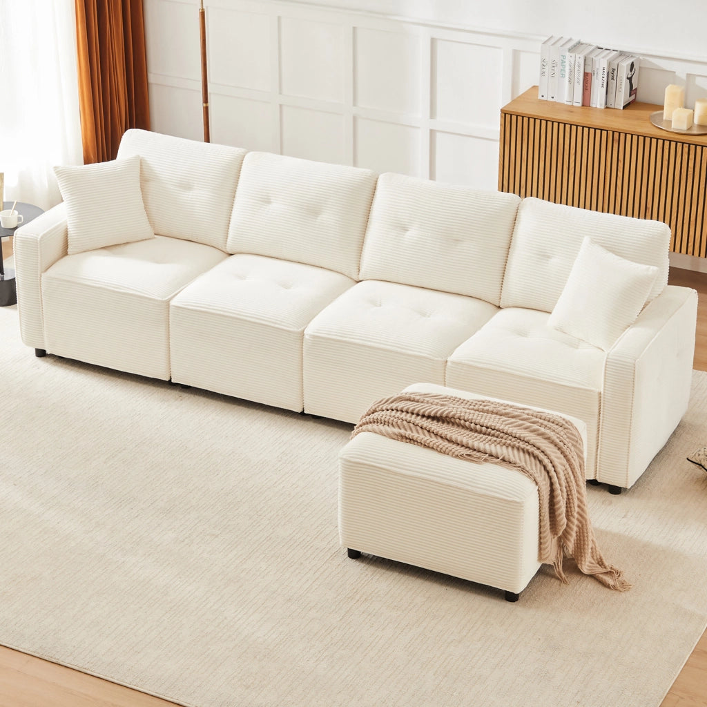 Divano modulare 4 posti con contenitore e pouf libero in velluto a coste beige 280×146×85 cm