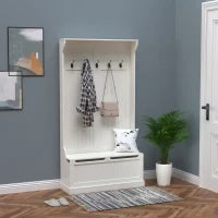 Mobile Da Ingresso Con Panca Appendiabiti 3 In 1 5 Ganci Panca Portaoggetti Per Soggiorno Corridoio 96 x 34 x 179.7 cm Crema