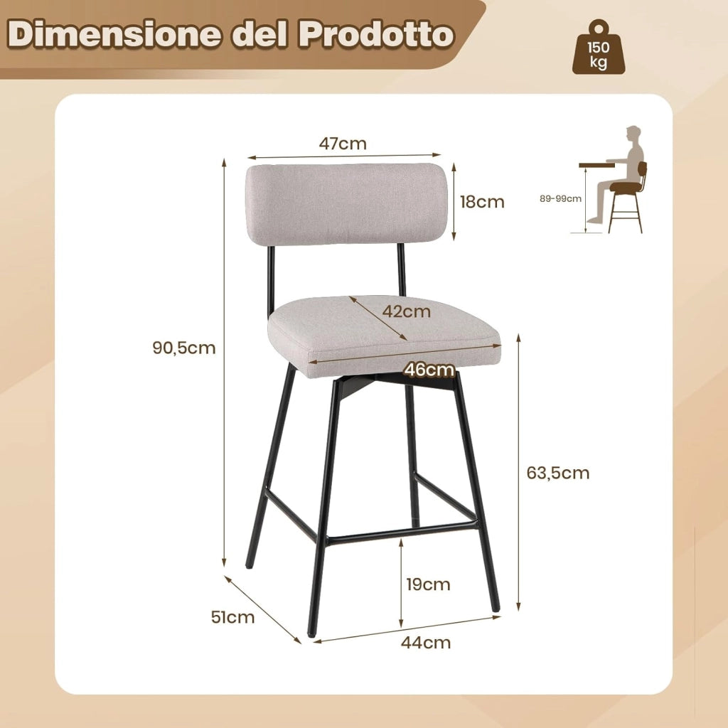 Set di 2 Sgabelli da Bar Girevoli a 360°, Sgabelli da Cucina con Schienale, Poggiapiedi, Sedia Alta Moderna Imbottita Struttura in Metallo, Altezza 90,5 cm, Capacità di 150 kg (Beige)