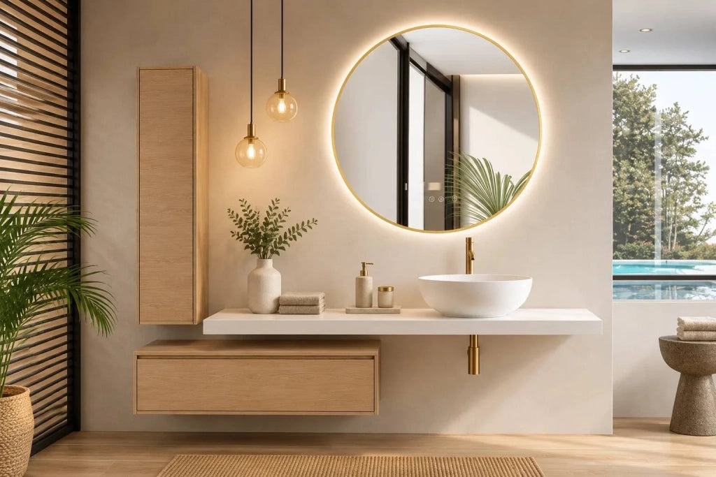Mobile bagno componibile MALLORCA con modulo da 60 cm, piano top da 120 cm con lavabo e colonna, senza specchio
