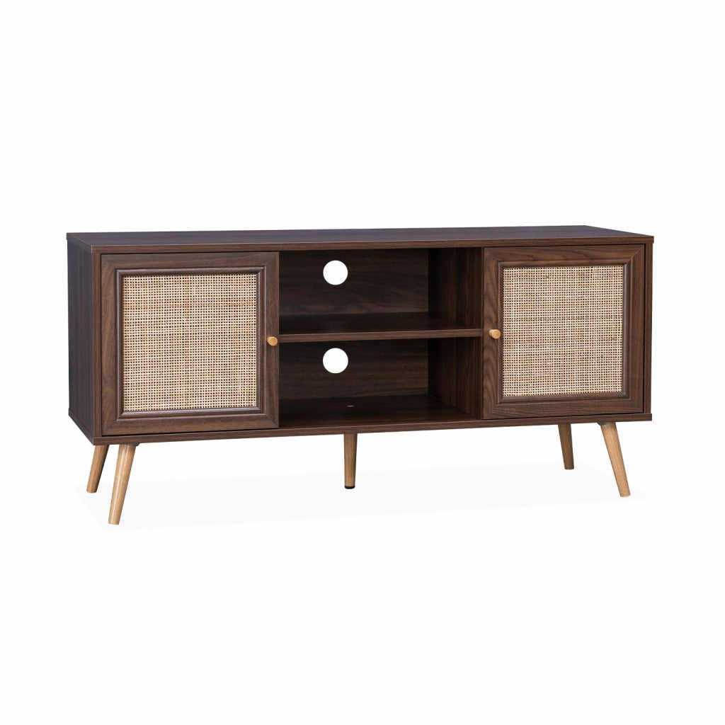 Mobile tv in cannage 2 livelli, 120cm, marrone scuro naturale