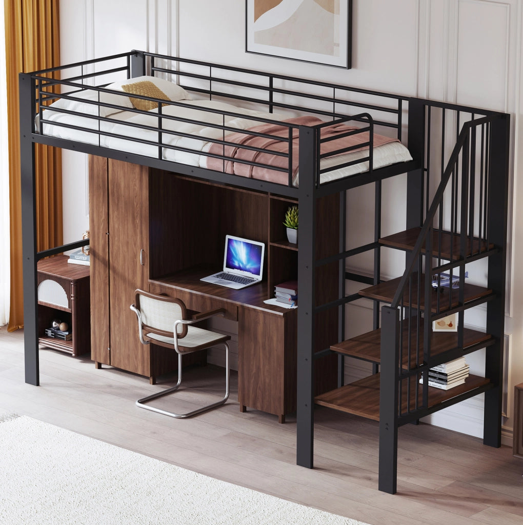 Letto a soppalco 90x200 cm con scala e spazio contenitore in metallo nero