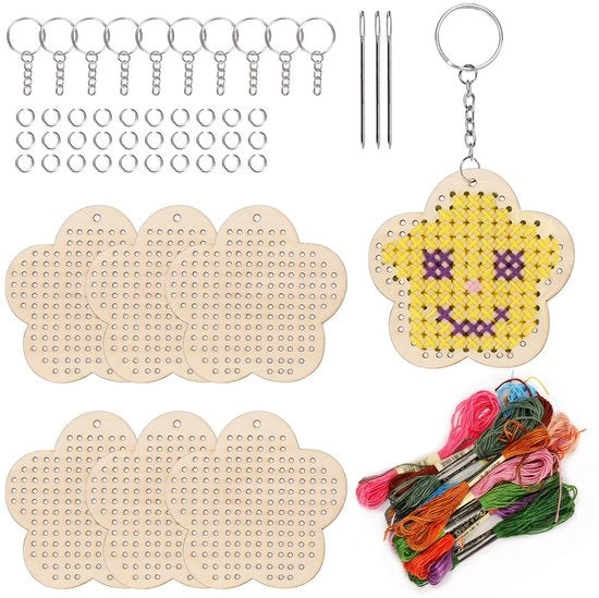 Kit di accessori per crocetti in legno da 64 pezzi con forma a fiore, inclusa chiave, anello, filo e ago, set di iniziante per cucire in legno per hobby e decorazione da appendere