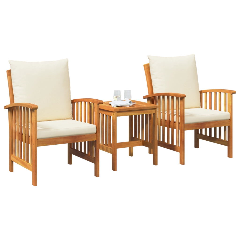 Set da giardino a 3 pezzi con cuscini in legno massello di acacia