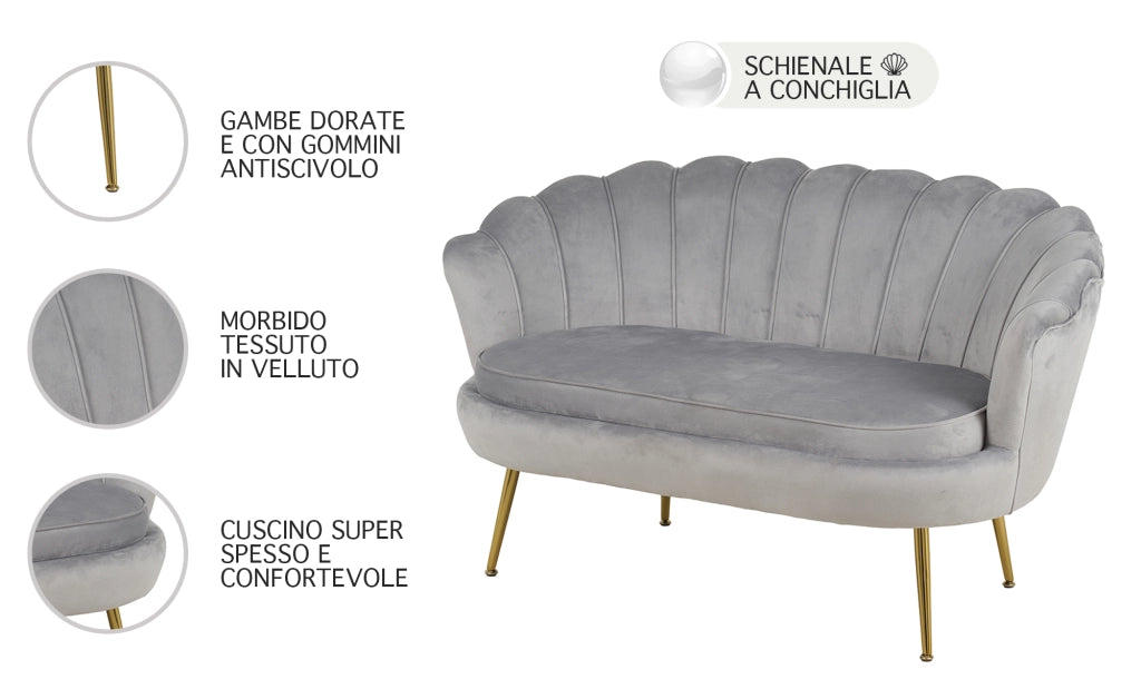 Divano Due 2 Posti In Velluto Forma Conchiglia Gambe In Metallo 133x63x75 Cm Camera Soggiorno Ufficio  Grigio