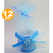 Trade Shop - Bomboniere Scatola Azzurra Fiore Sacchetto Organza Portaconfetti Nascita Battesimo -