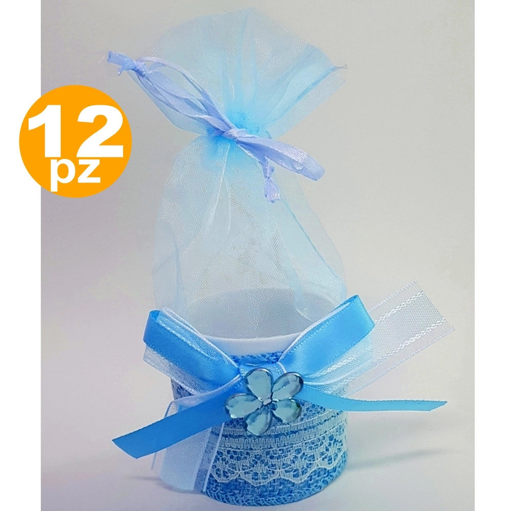 Trade Shop - Bomboniere Scatola Azzurra Fiore Sacchetto Organza Portaconfetti Nascita Battesimo -
