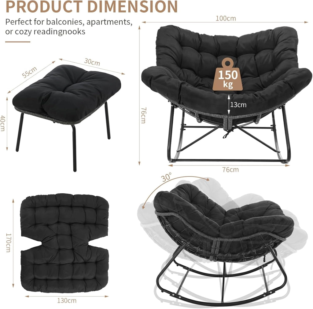 Set di sedie a dondolo con sgabello in rattan, resistente alle intemperie, con spessa imbottitura rimovibile, portata di 150 kg, per giardino, balcone, soggiorno