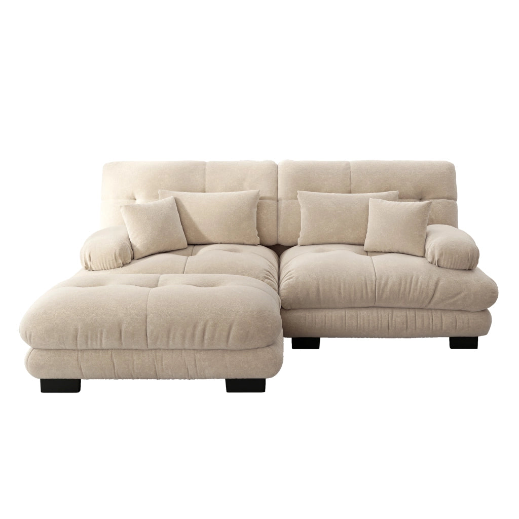 Divano Angolare con Ottoman ¨C MINIMAL ¨C Chenille, Braccioli Larghi, Tortora Chiaro
