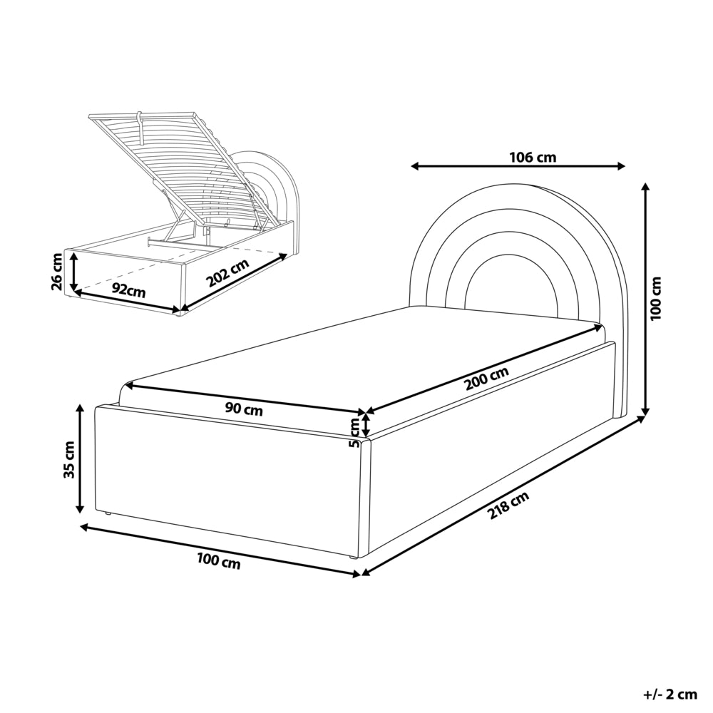 Letto singolo con testiera semicircolare in bouclé 90x200 cm base a doghe Testiera a Mezza Luna con contenitore