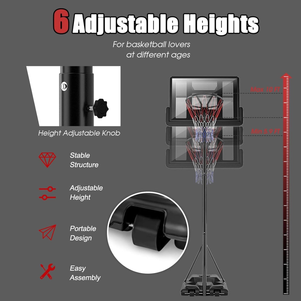 Canestro Basket per Esterno in PE e PVC, 6 Livelli di Altezza Regolabile 180-305 cm, Supporto da Basket Portatile con Ruote, Base, Pallacanestro per Interni, per Bambini e Adulti