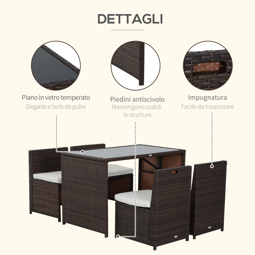 Set Tavolo e 4 Sedie da giardino in Rattan Sintetico e Acciaio con Cuscini Marrone