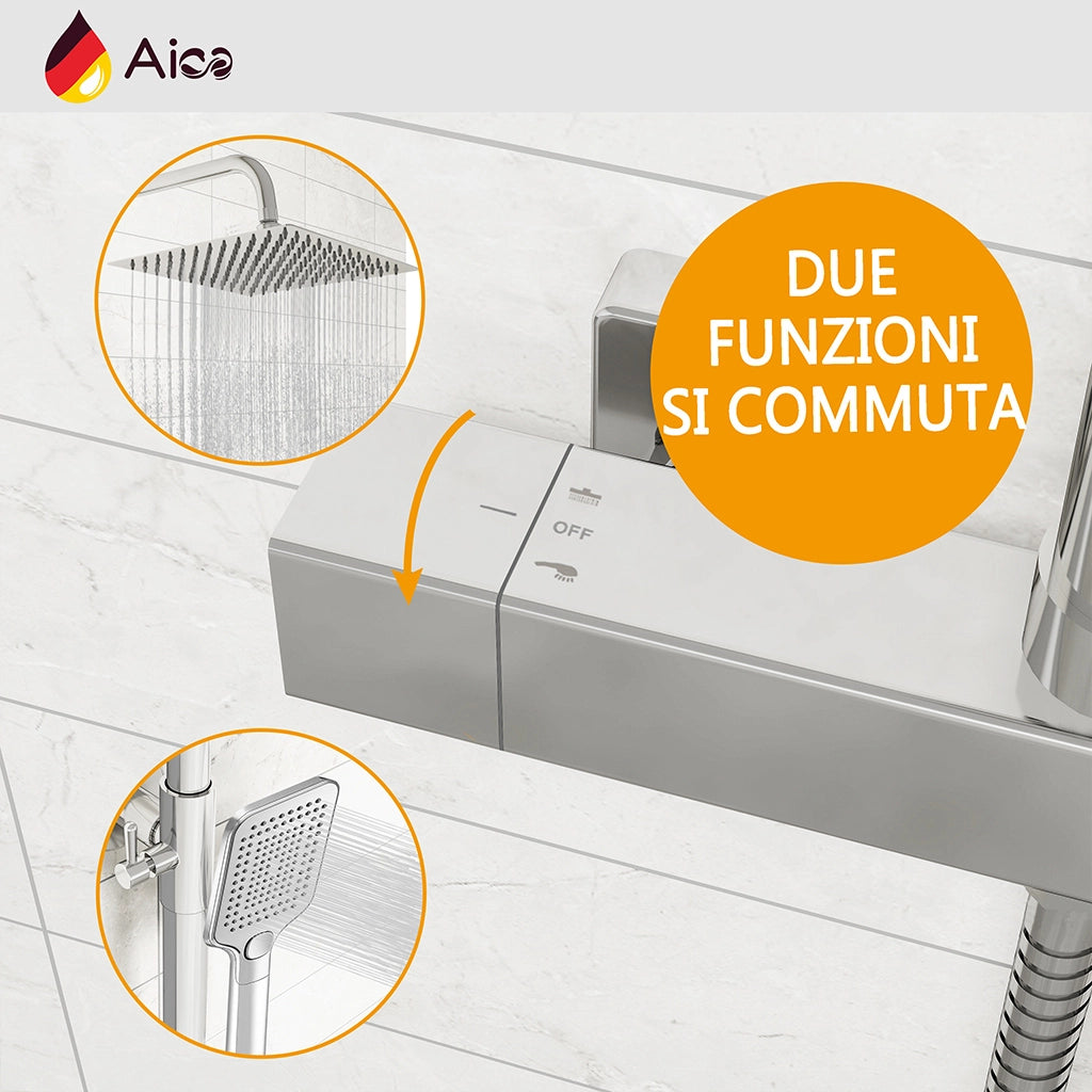 Colonna doccia rotonda completo di miscelatore termostatico rettangolo, soffione quadrato 30x30cm, cromo