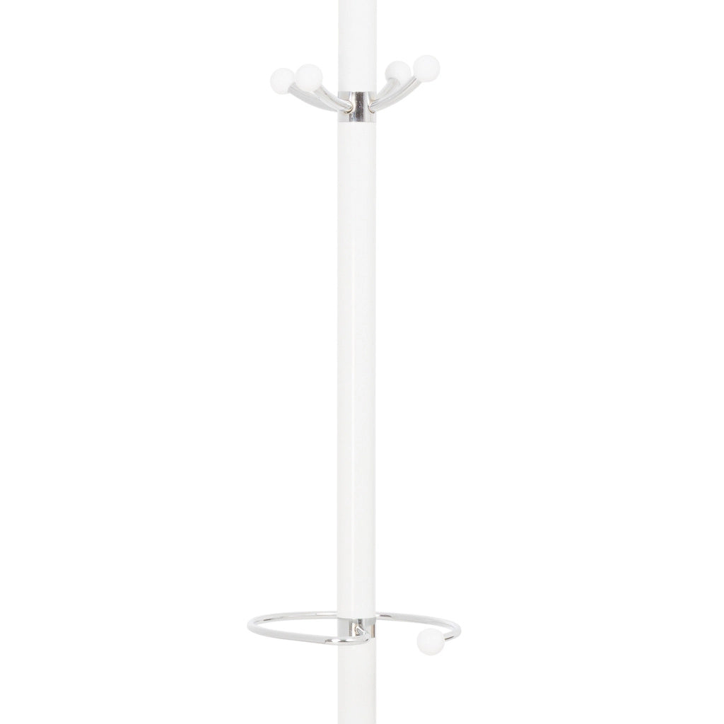 Perchero de metal blanco con paraguero y 6 ganchos D 36X178h cm