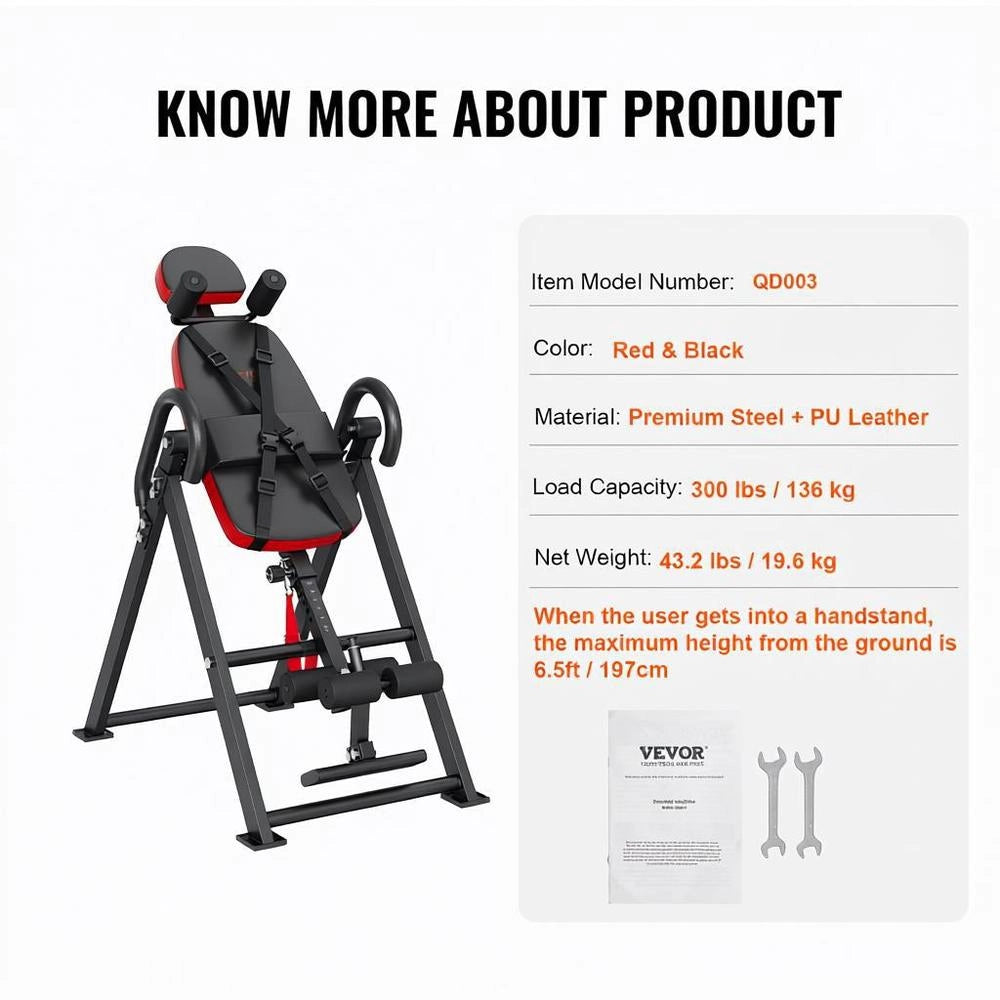 Inversion Table, Inversion Bench, 136 Kg Load Capacity, Multifunctional Back Trainer, Foldable Strength Training Device With Headrest, Ankle Lock, Adjustable Protective Belt, Red + Black