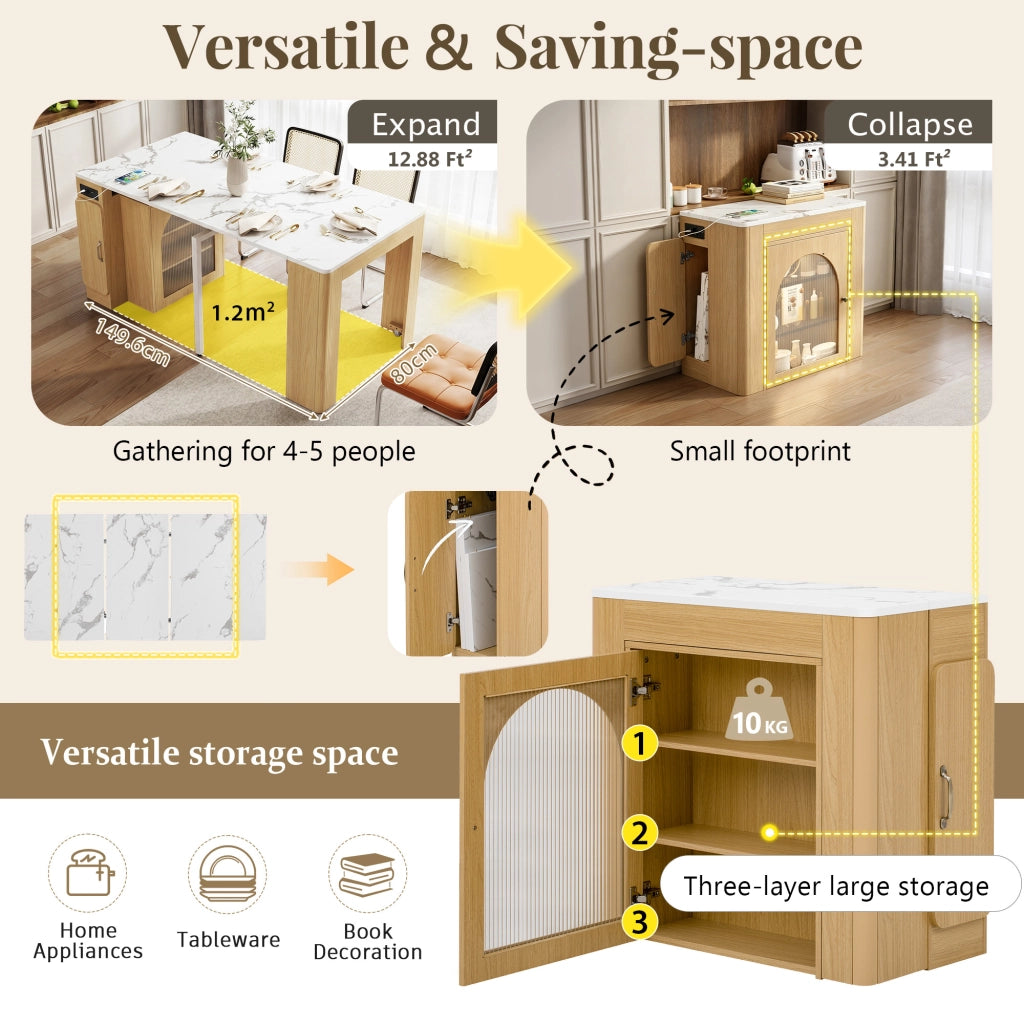 Tavolo da pranzo estendibile con 3 piani; LED e prese USB; per cucina e sala da pranzo
