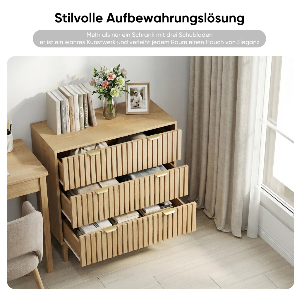 Cassettiera moderna a 3 cassetti in MDF e truciolare; 80 x 39 x 80 cm; colore rovere
