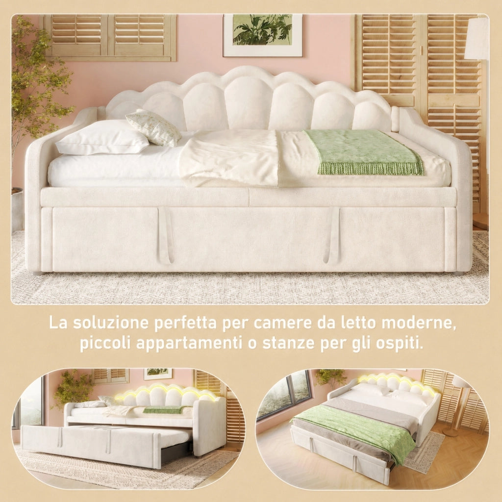 Divano letto singolo trasformabile; 90x200 cm; letto estraibile e LED multicolore; velluto e MDF; rosa