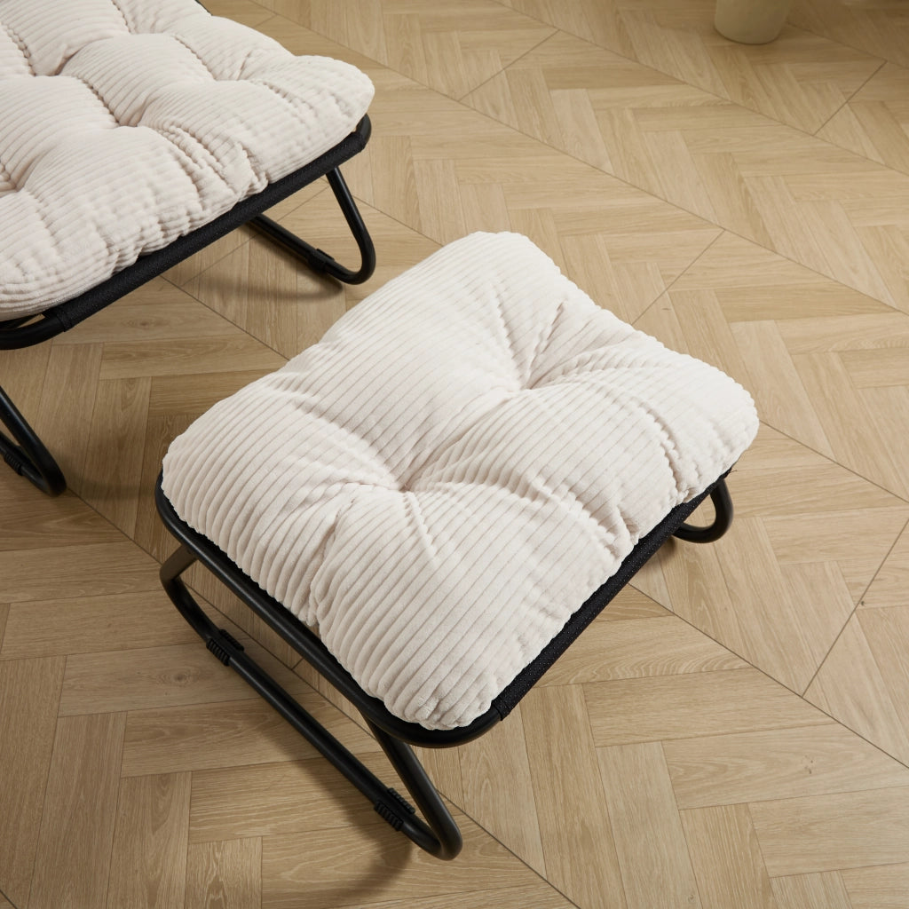 Poltrona da Esterno con Poggiapiedi Reclinabile; Design Curvo; Seduta Traspirante con Cuscino; Acciaio Nero e Bianco