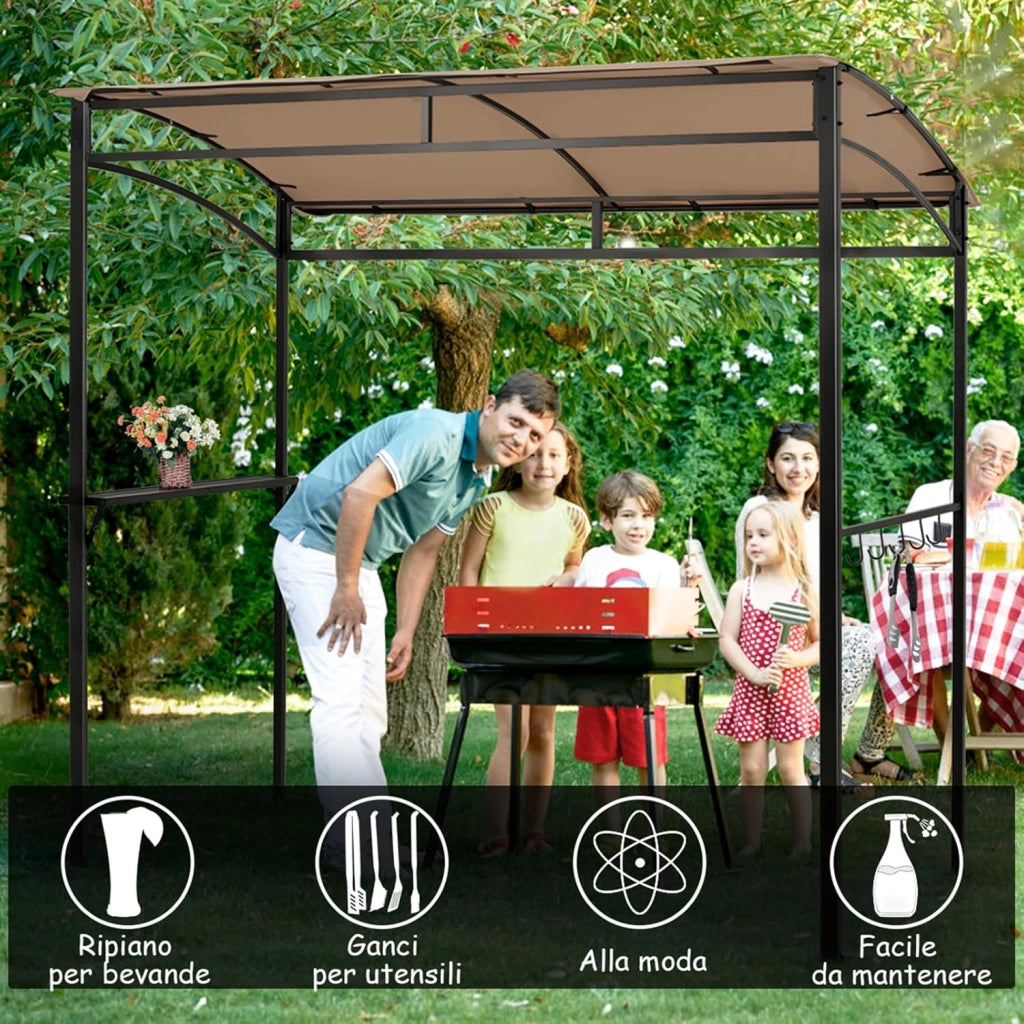 Gazebo per Barbecue, 216 x 134 x 211 cm, Pergola per BBQ con Ripiano Portaoggetti e 5 Ganci, Struttura Robusta in Metallo, per Giardino Cortile e Spiaggia