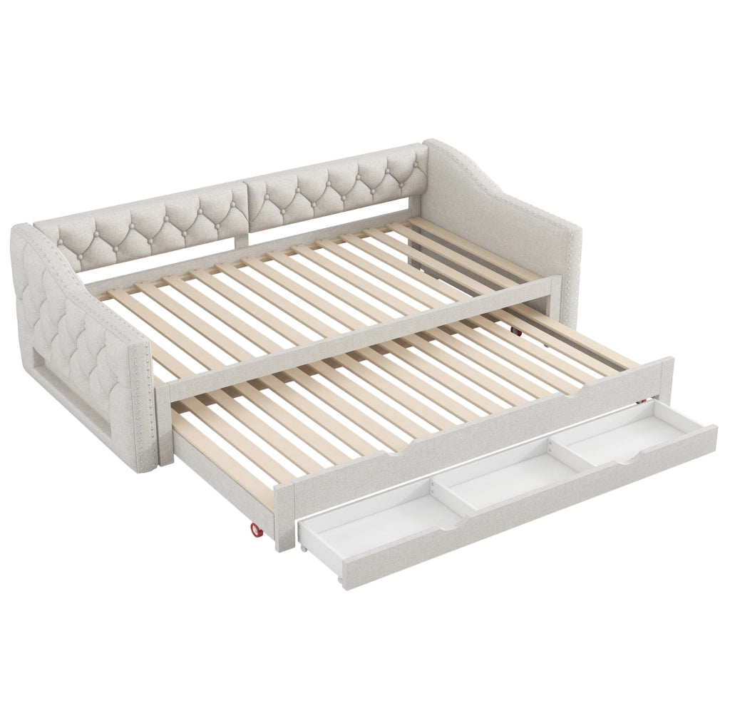 Letto da giorno 90x200 cm con LED; letto estraibile e cassetti in MDF e lino beige