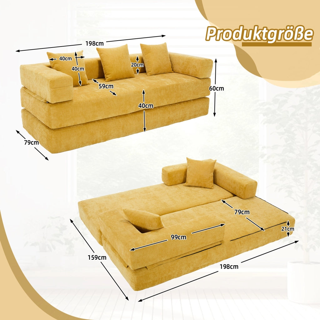 Divano modulare in ciniglia con tasche laterali, base antiscivolo e montaggio rapido, giallo senape 198 × 79 × 60 cm