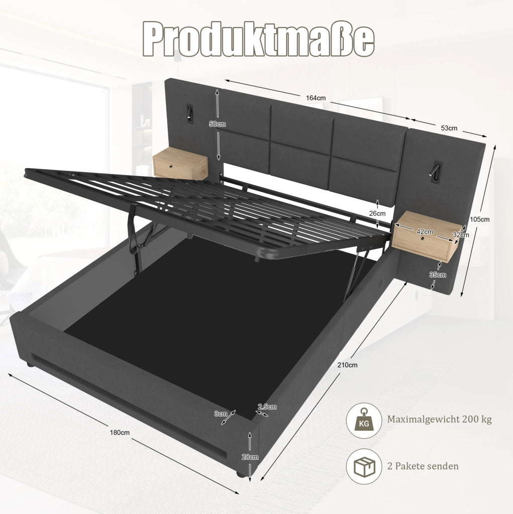 Letto matrimoniale imbottito con contenitore; testiera con vano portaoggetti; USB-C e LED; 180x200 cm; velluto grigio scuro