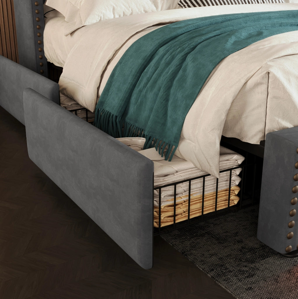 Letto matrimoniale 160x200 cm con 4 cassetti; LED; prese USB e Type-C; velluto grigio