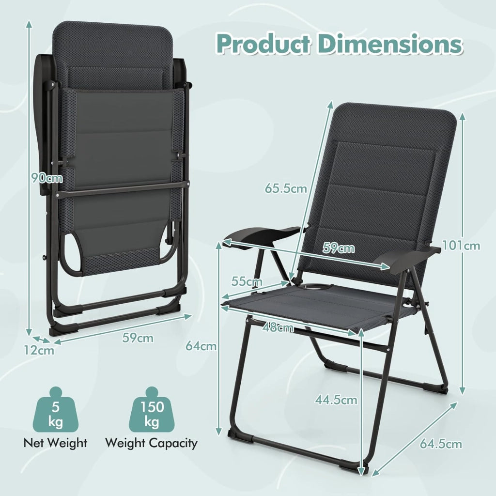Set di 2 sedie pieghevoli per giardino, sedie con schienale regolabile, supporto ergonomico e cuscino per seduta in spugna, sedie da pranzo per patio, giardino, nero (Grigio)