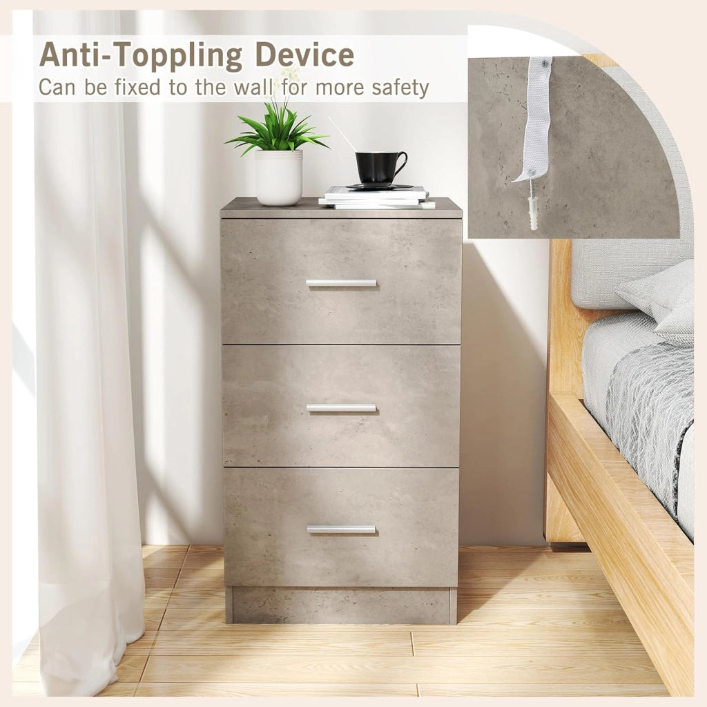 Comodino con 3 cassetti, comodino in legno, tavolino piccolo, cassettiera per camera da letto, ufficio, 37 x 34 x 66,5 cm (1, grigio)
