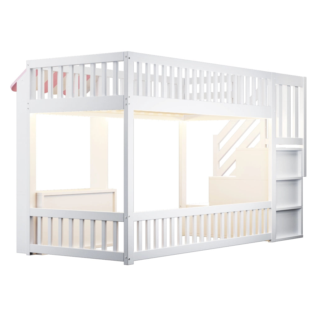 Letto a soppalco 90x200 cm rosa e bianco con scala contenitore e luci LED