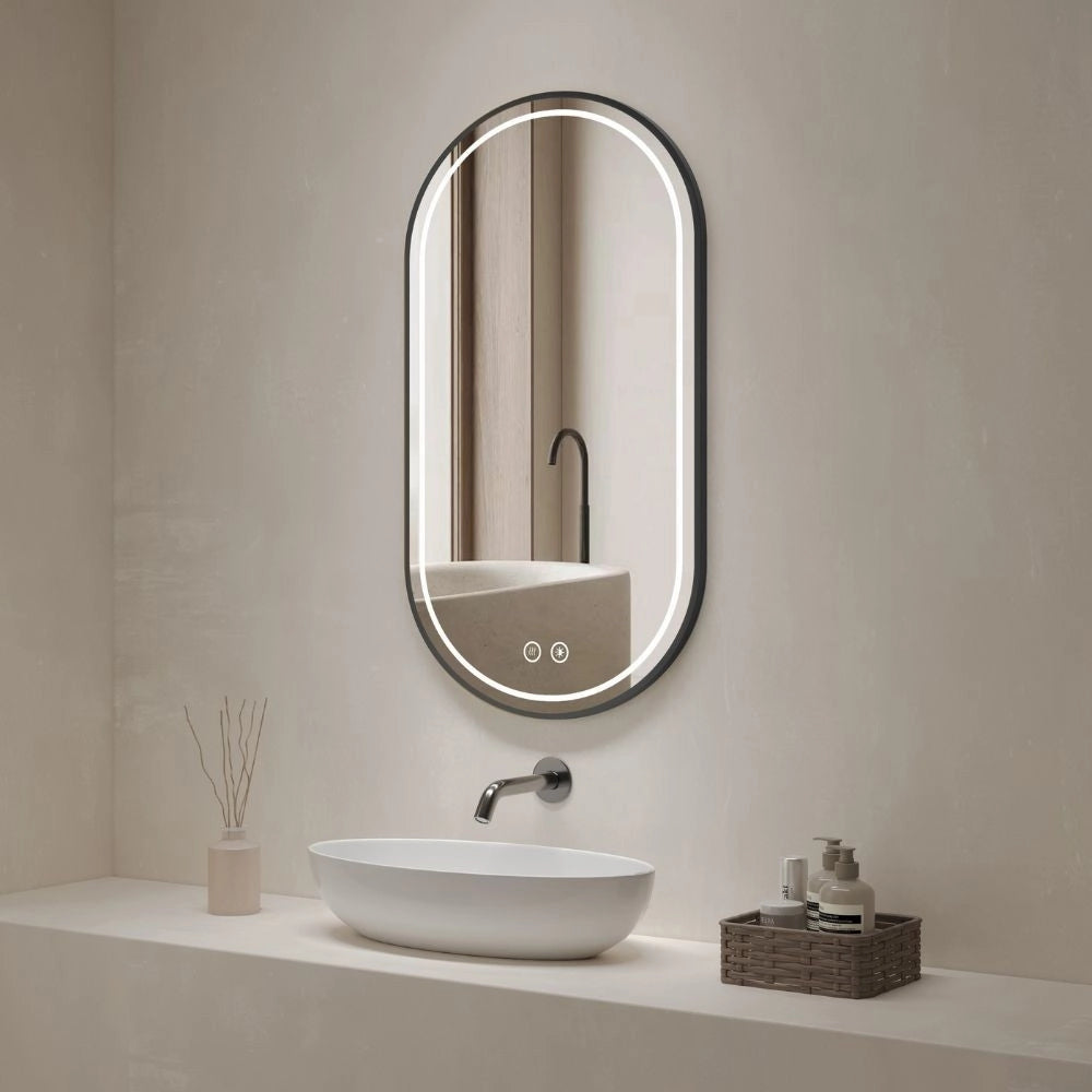 Specchio smart ovale anti-appannamento YJ-2004BL 90x60 con cornice nera in acciaio Inox satinato