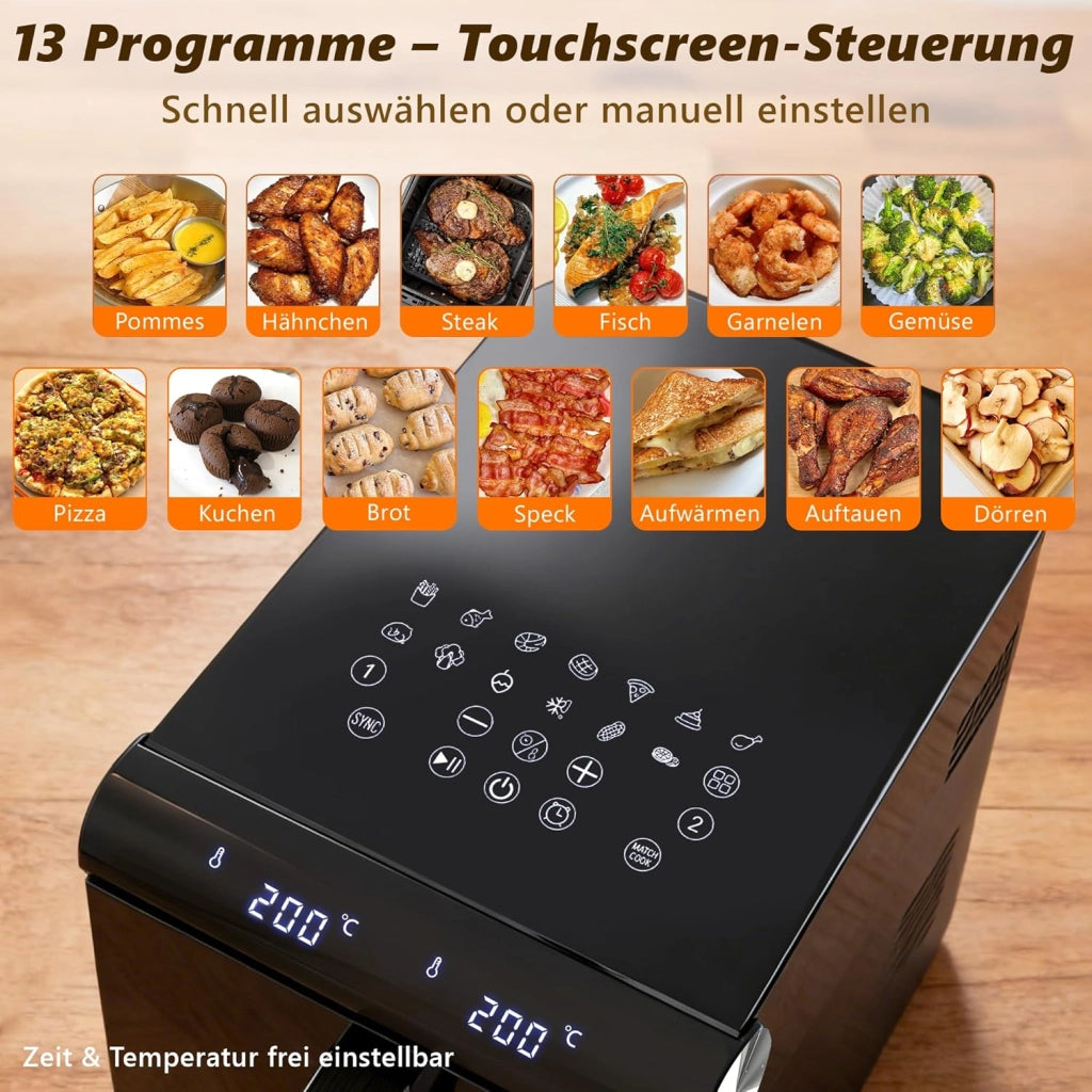 ZMH Friggitrice ad aria da 11L 2 scomparti friggitrice ad aria a doppia zona 13 in 1 2800W con touchscreen e timer