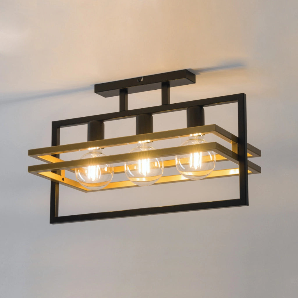 Plafoniera loft industriale 3 luci nero-oro Merci E27 Sigma
