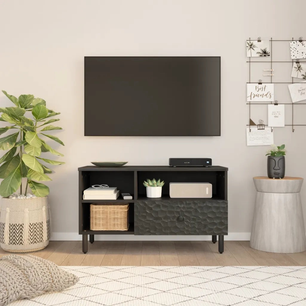 Mobile Porta TV Nero 80x33x46 cm in Legno Massello di Mango 356836