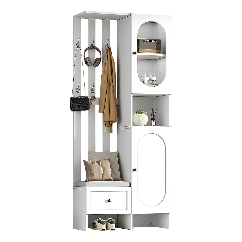 Armadio ingresso compatto 2 ante 85x33.5x200 cm - Xylo - con vetro temperato, panchina imbottita, bianco