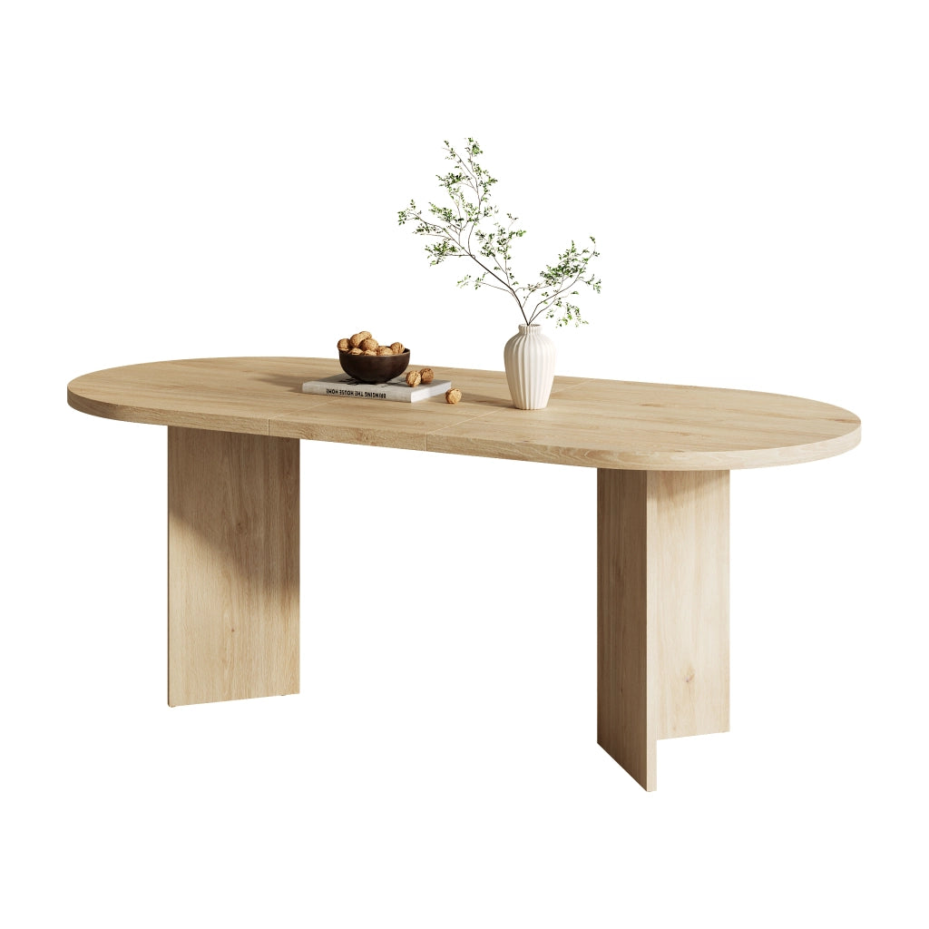 Tavolo da pranzo ovale 160x80x75 cm per 6-8 persone; piano spesso 18 mm con angoli arrotondati; MDF effetto rovere