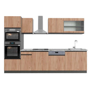 Cucina componibile R-Line Rovere dorato/Antracite 300 cm J-Shape con armadio alto, PL Marmo Vicco