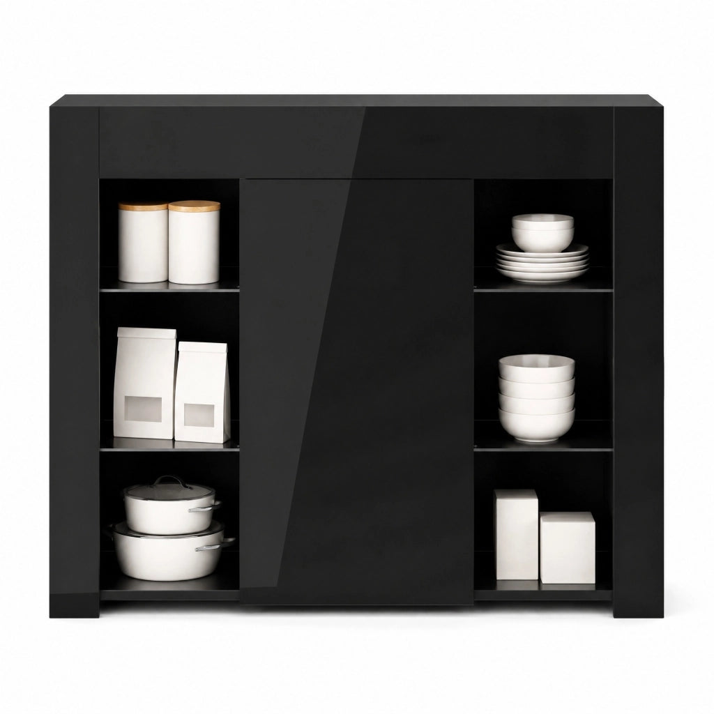 Buffet Nero Moderno con Frontale Laccato a Specchio, Ripiani in Vetro e Porta, 95x35x83 cm